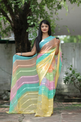 Satin Strip Yellow Color Shading Ready To Wear Saree