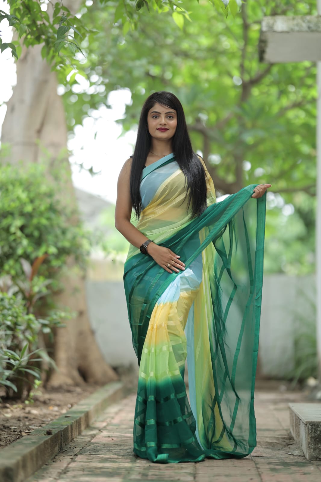 Satin Strip Green Color Shading Ready To Wear Saree