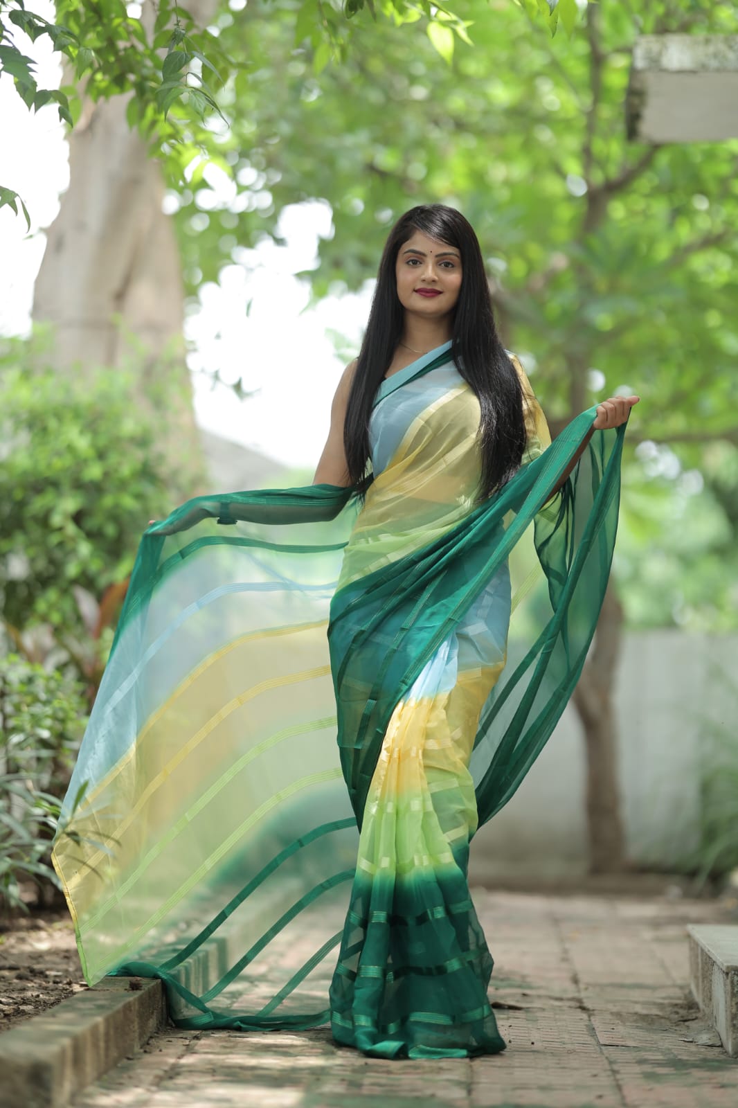 Satin Strip Green Color Shading Ready To Wear Saree