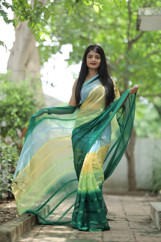 Satin Strip Green Color Shading Ready To Wear Saree