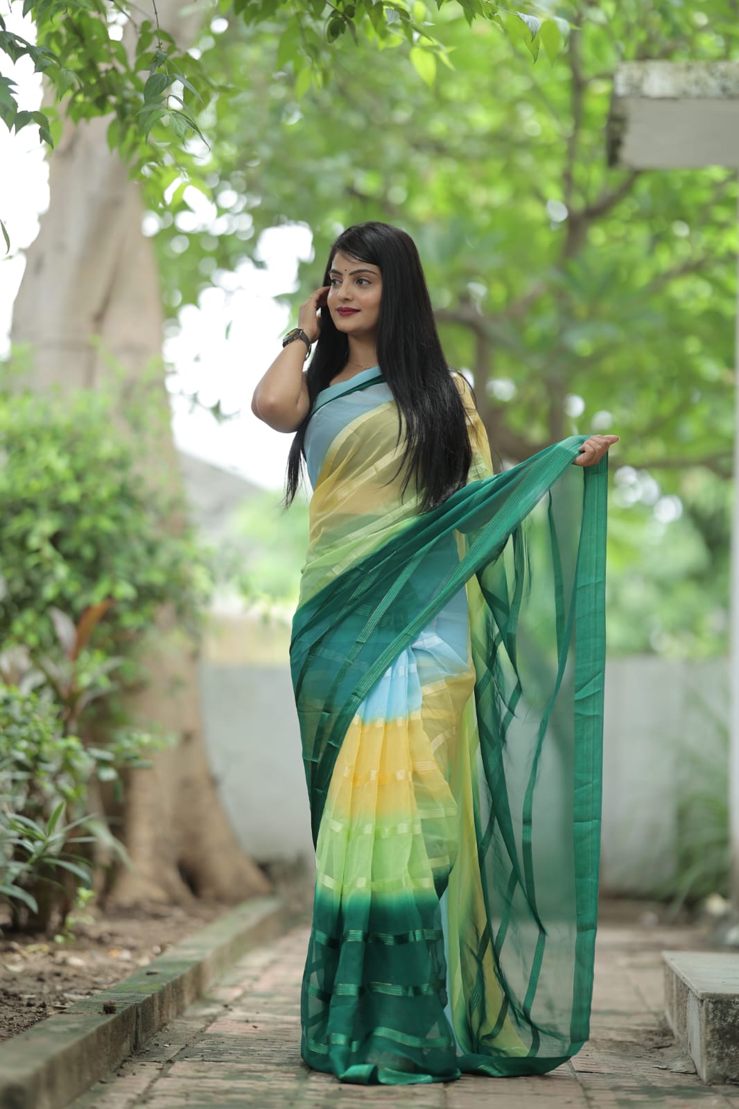 Satin Strip Green Color Shading Ready To Wear Saree