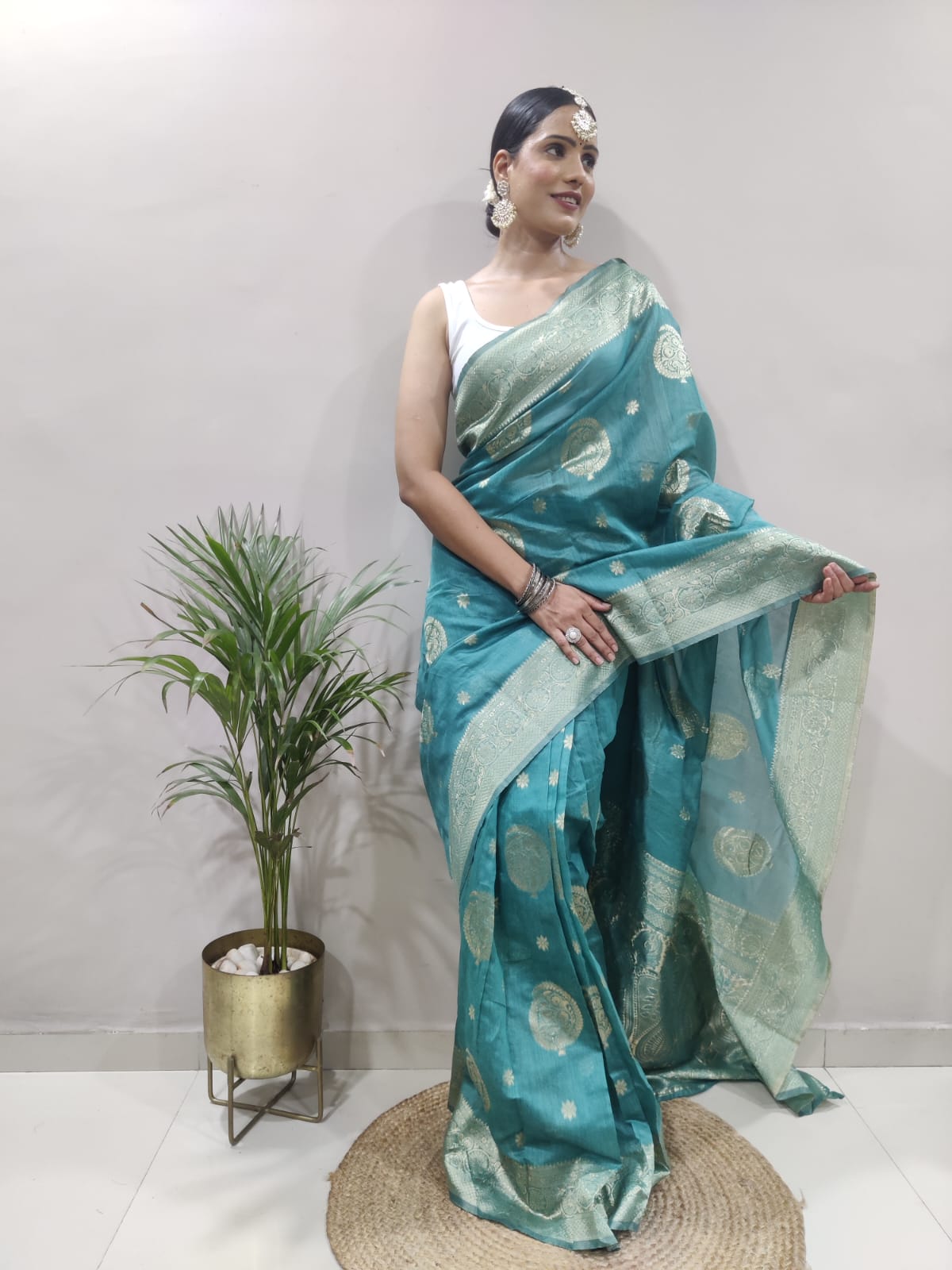 Ready To Wear Copper Jari Teal Blue Color Saree