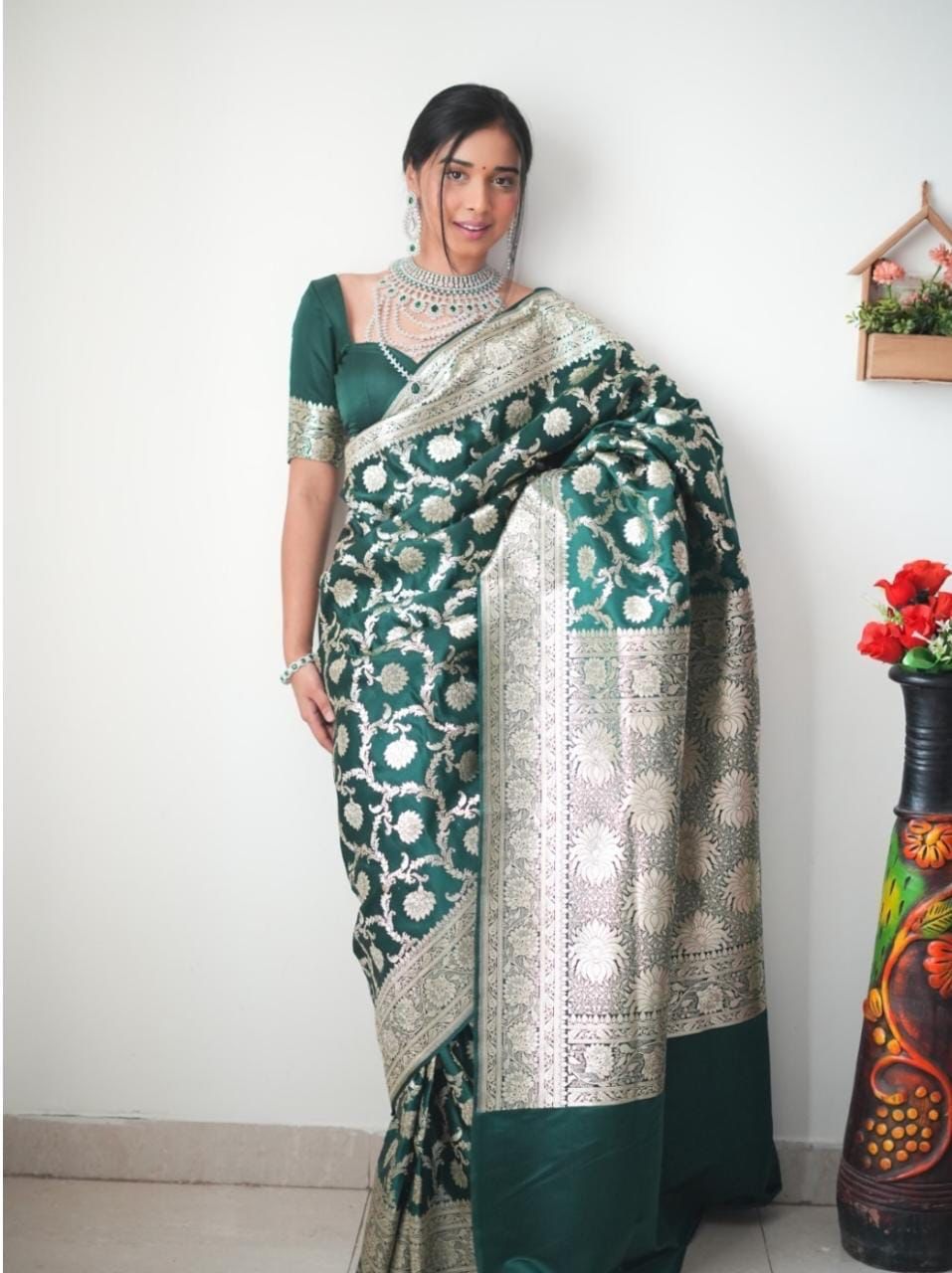 Banarasi Silk Silver Border Green Ready To Wear Saree