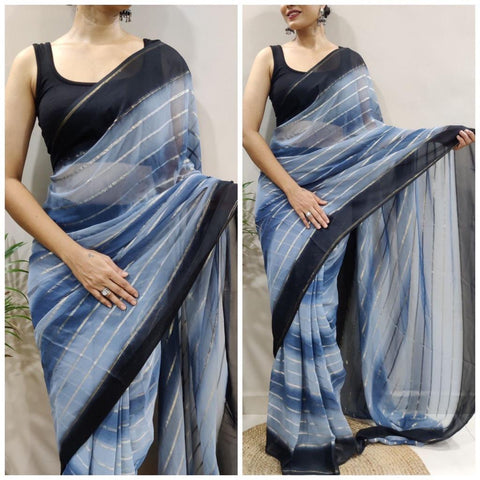 Gray Color Striped Print Ready To Wear Saree