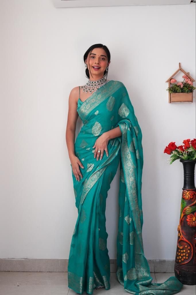 Function Wear Teal Green Color Ready To Wear Saree