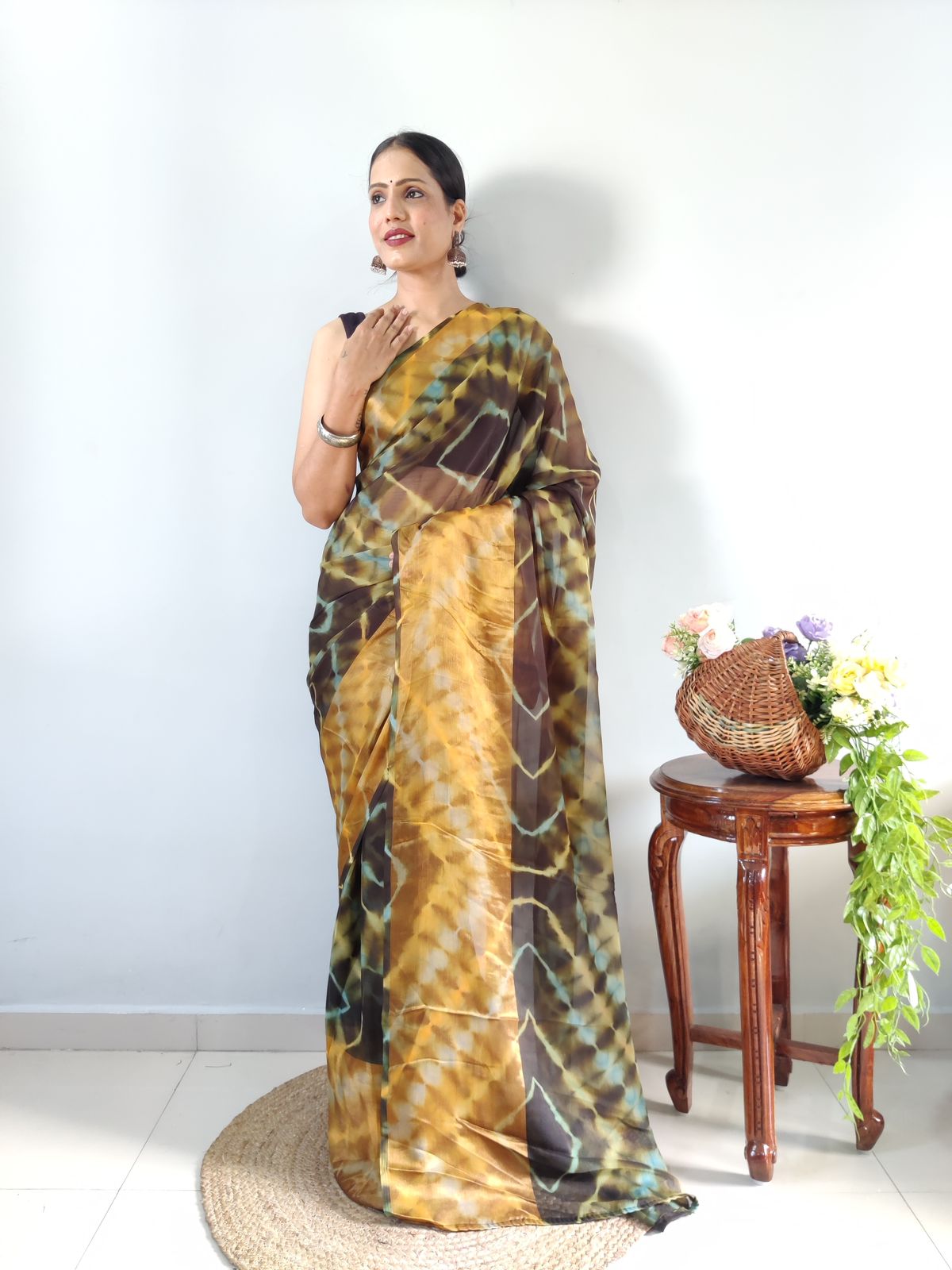 Shibori Print Black Color Ready To Wear Saree