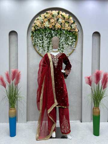 Outstanding Velvet Maroon Color Palazzo Suit