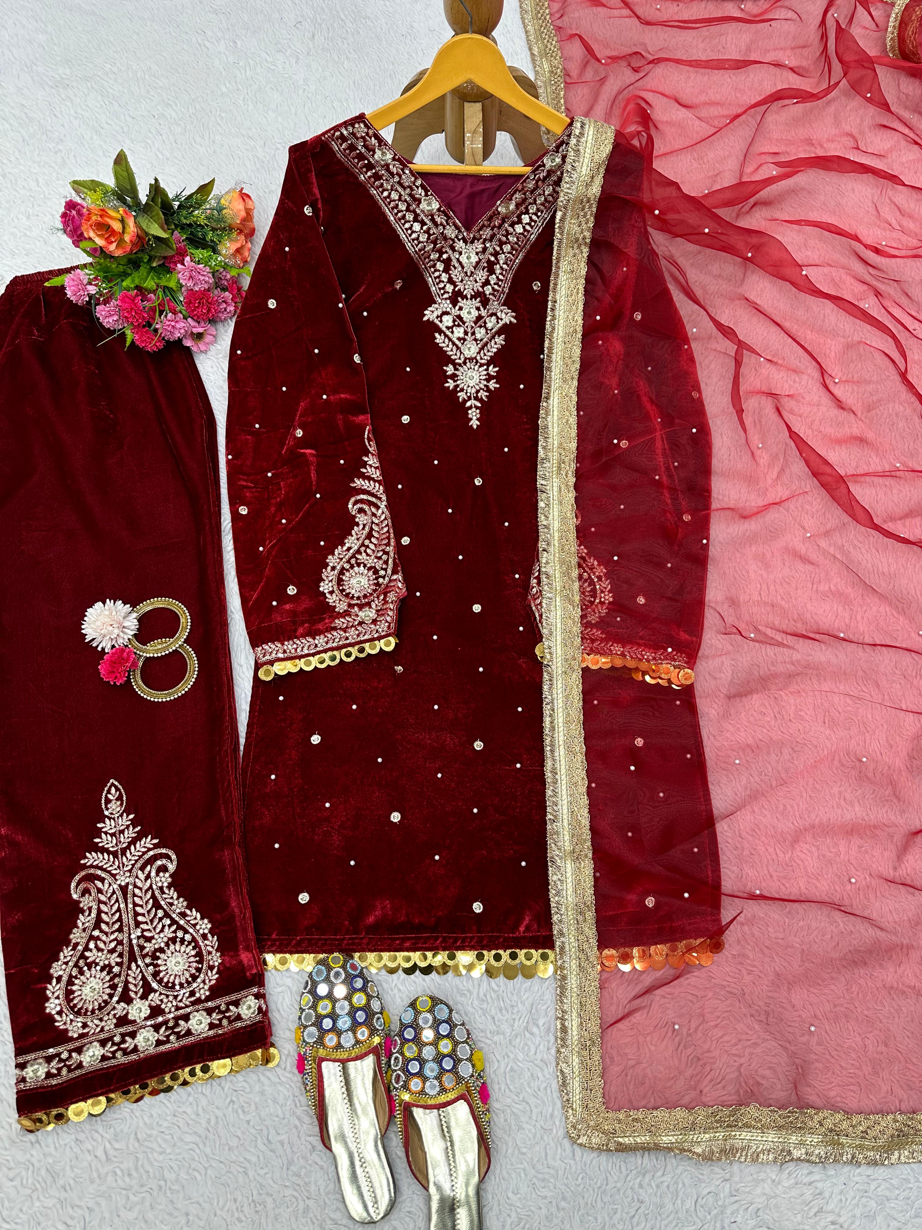 Outstanding Velvet Maroon Color Palazzo Suit