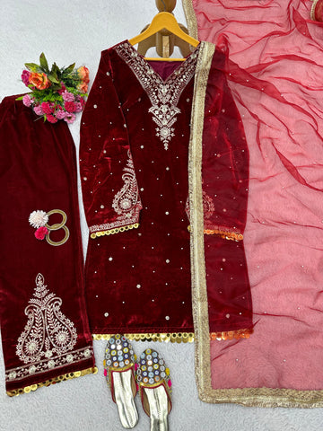 Outstanding Velvet Maroon Color Palazzo Suit