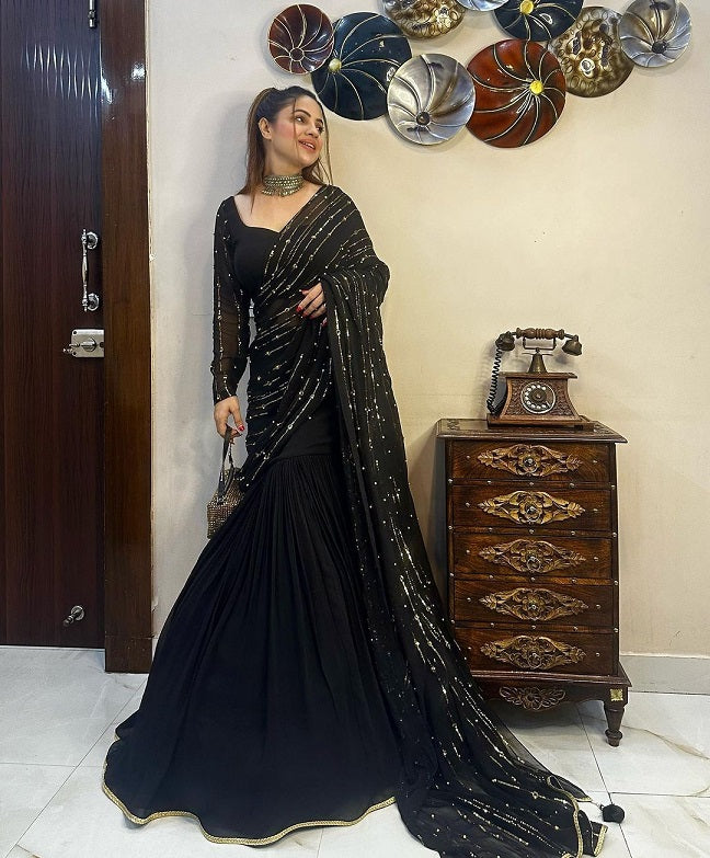 Ready To Wear Beautiful Work Black Color Lehenga Saree