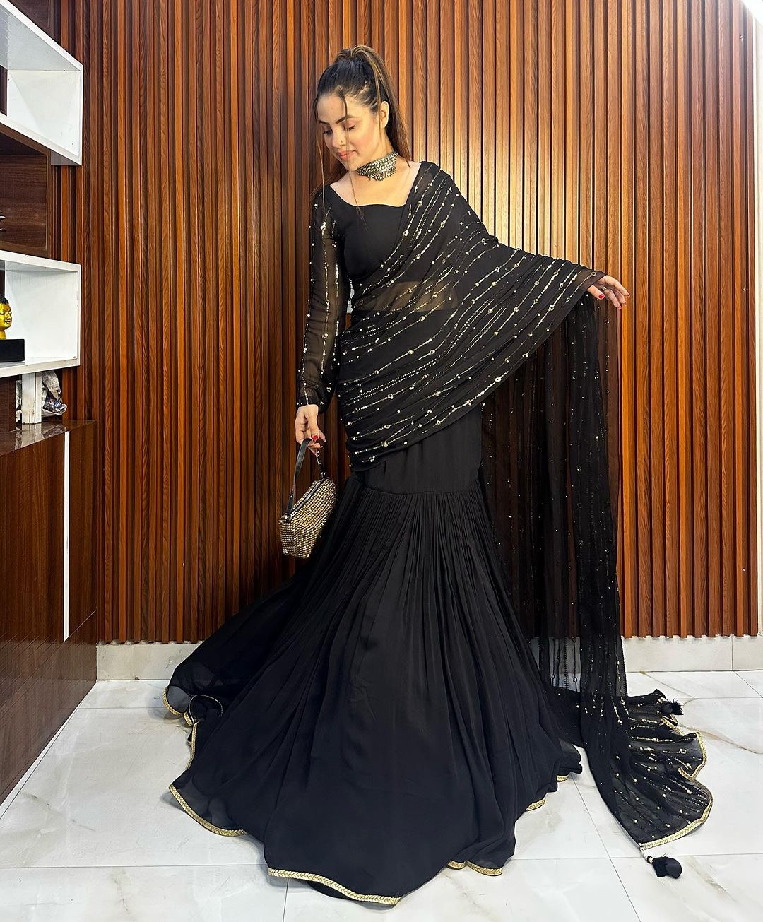 Ready To Wear Beautiful Work Black Color Lehenga Saree