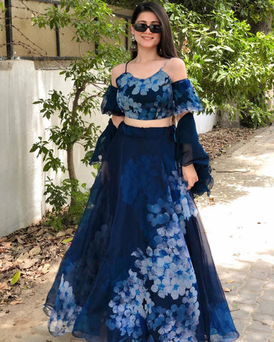 Fashionable Navy Blue Color Organza Lehenga Choli