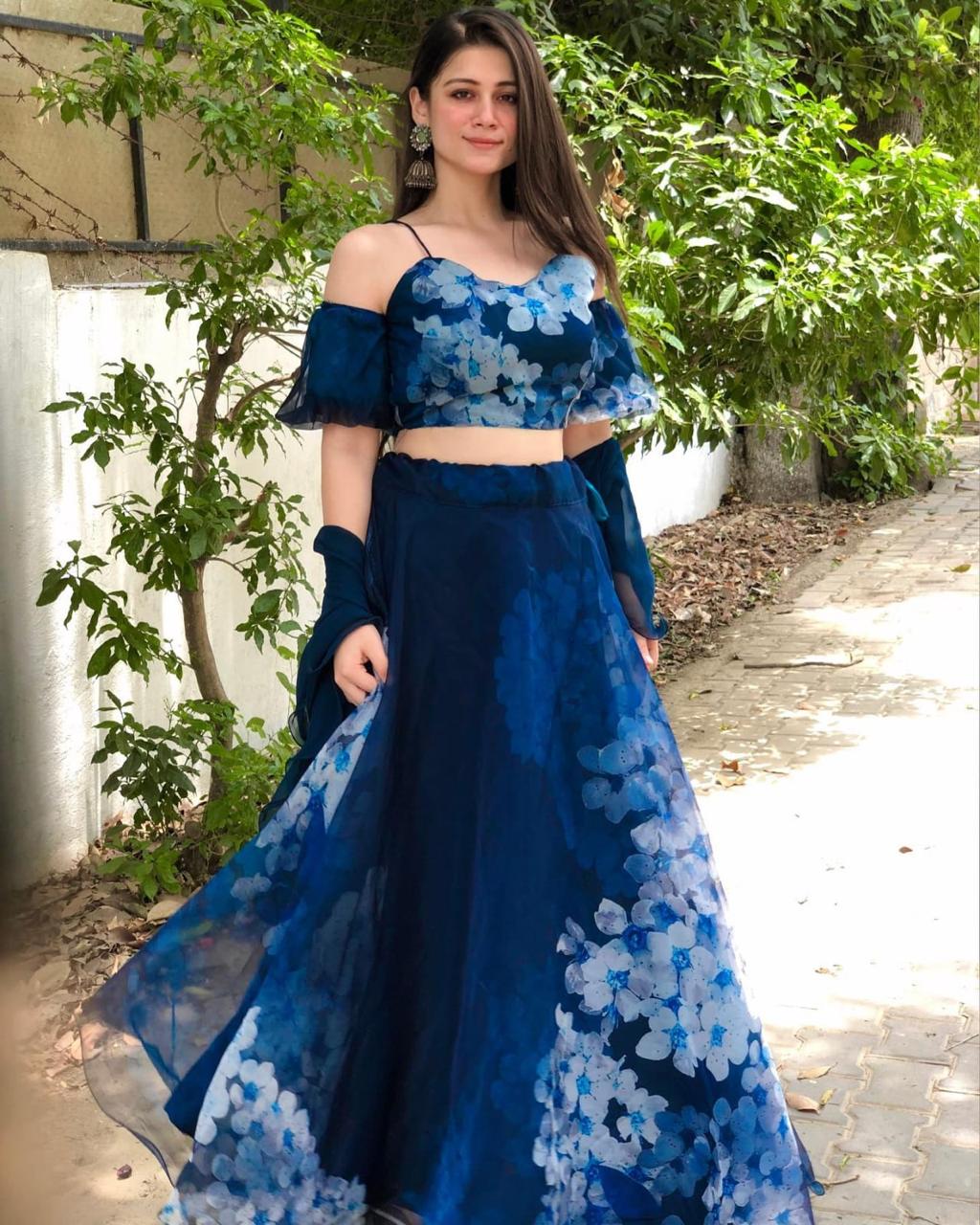 Fashionable Navy Blue Color Organza Lehenga Choli