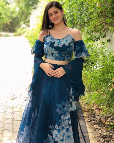 Fashionable Navy Blue Color Organza Lehenga Choli