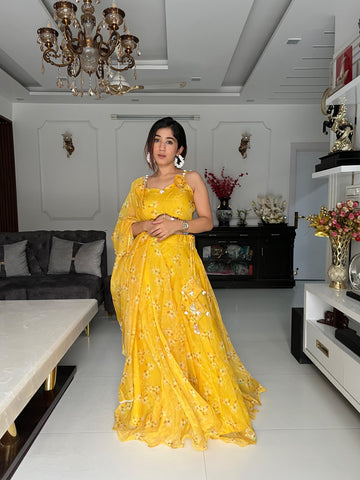 Haldi Wear Printed Yellow Color Organza Lehenga Choli