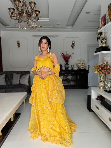 Haldi Wear Printed Yellow Color Organza Lehenga Choli