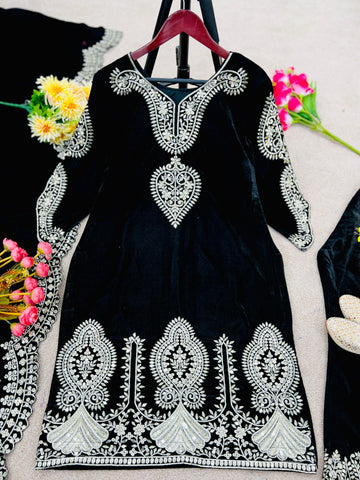 Opulent Black Color Embroidery Work Velvet Salwar Suit