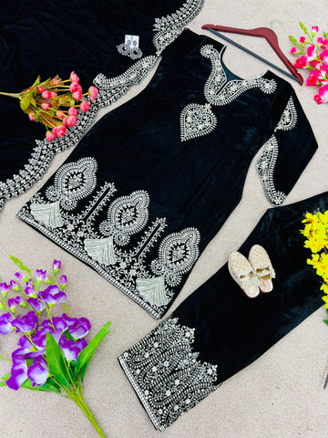 Opulent Black Color Embroidery Work Velvet Salwar Suit