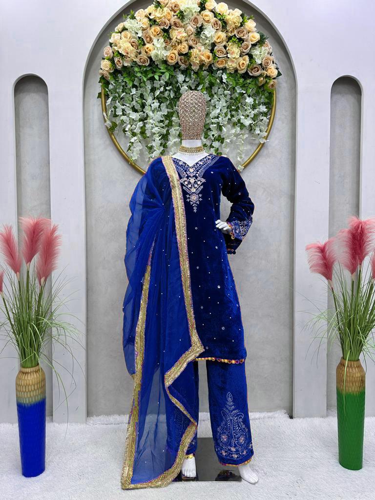 Outstanding Velvet Blue Color Palazzo Suit