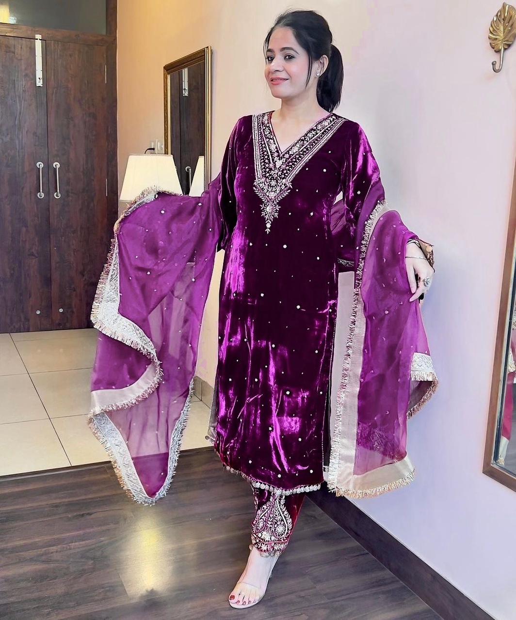 Outstanding Velvet Purple Color Palazzo Suit