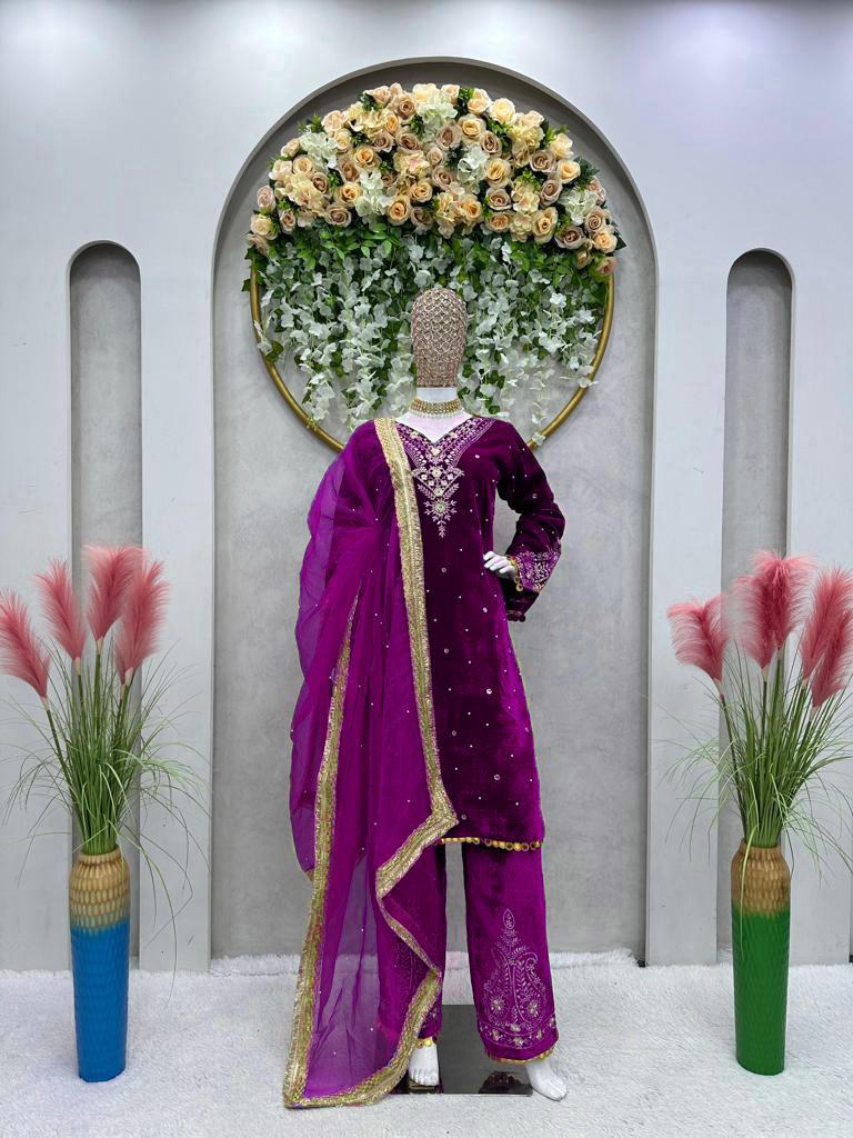 Outstanding Velvet Purple Color Palazzo Suit