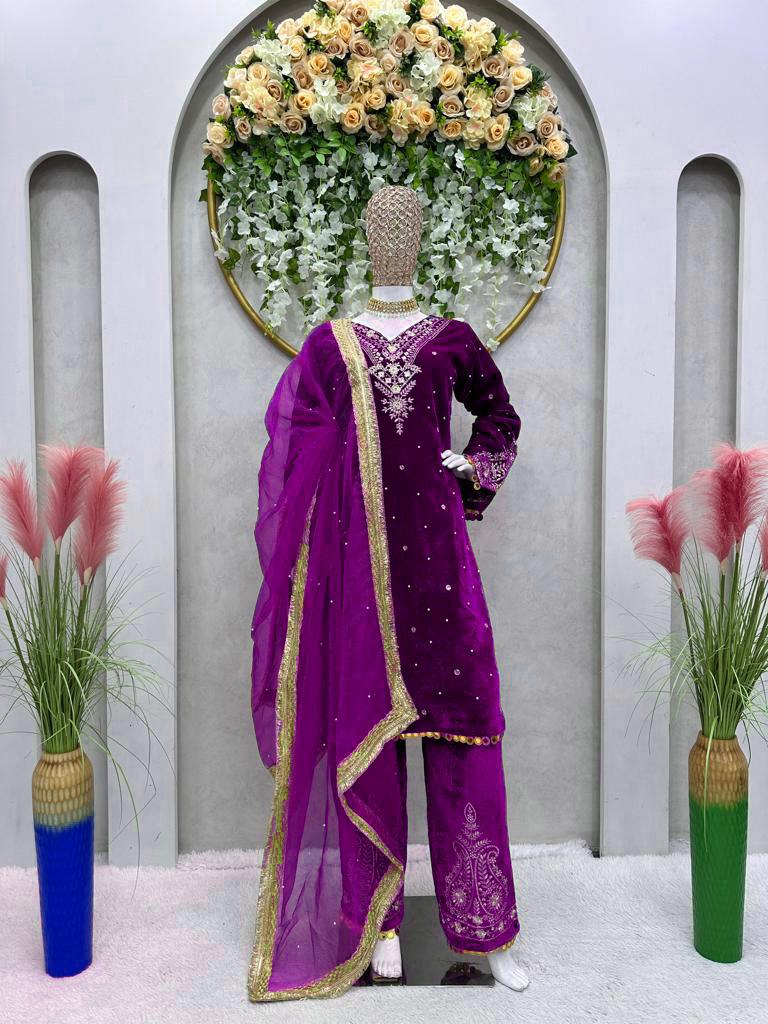 Outstanding Velvet Purple Color Palazzo Suit