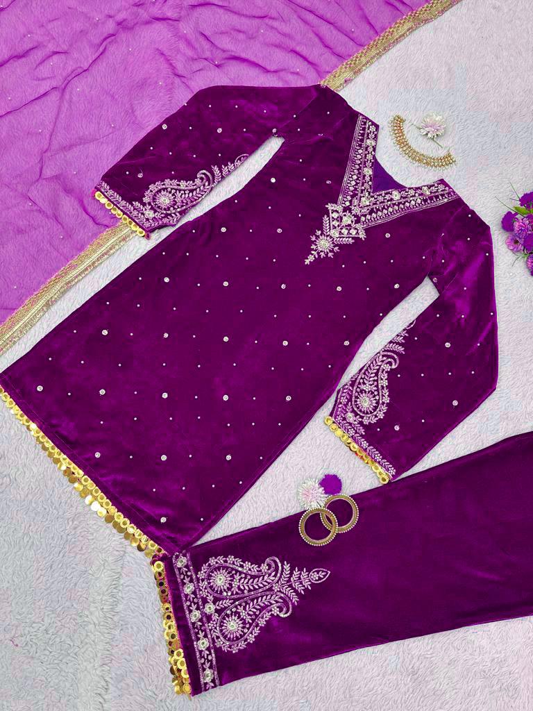 Outstanding Velvet Purple Color Palazzo Suit