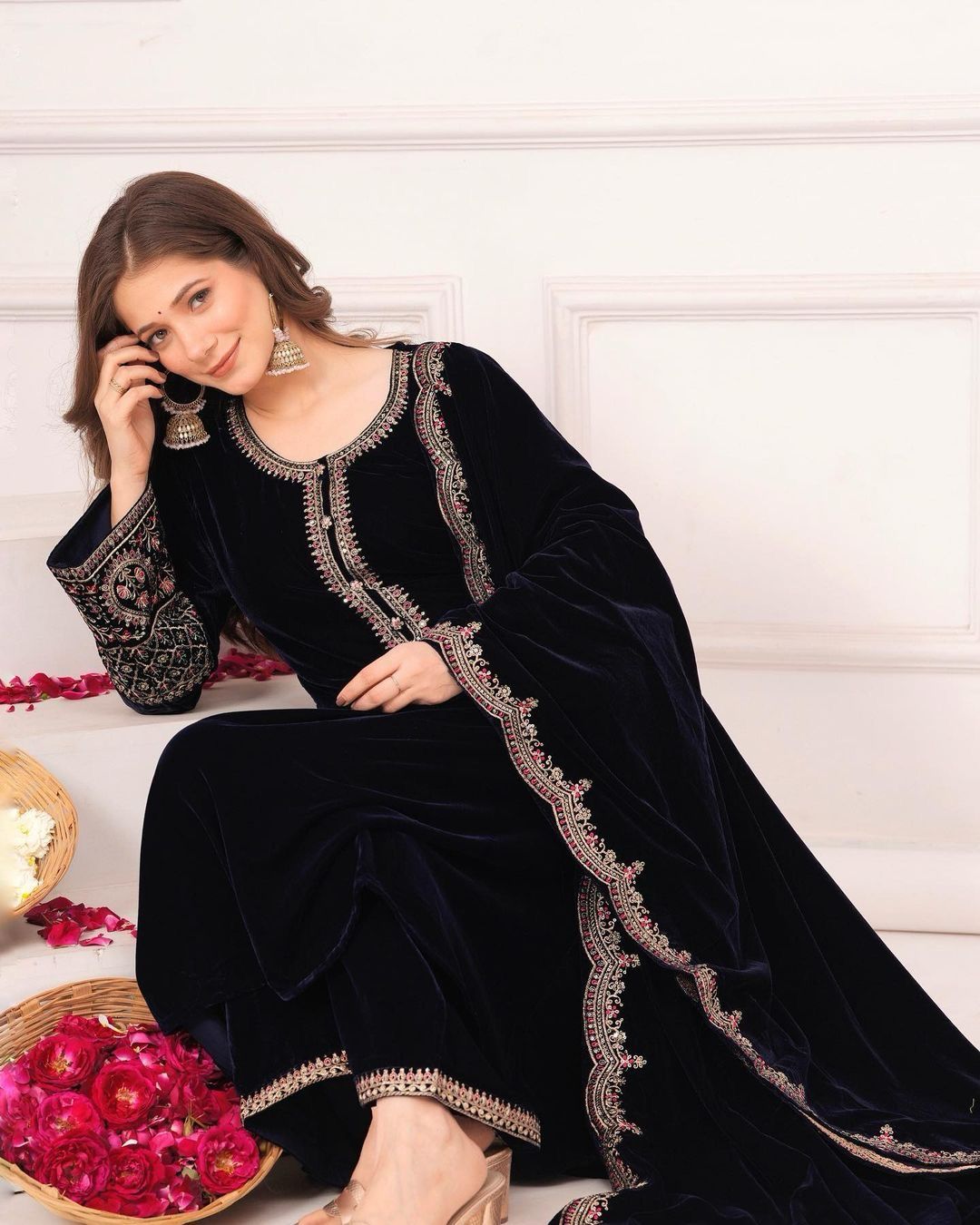 Outstanding Velvet Black Color Thread Work Salwar Suit