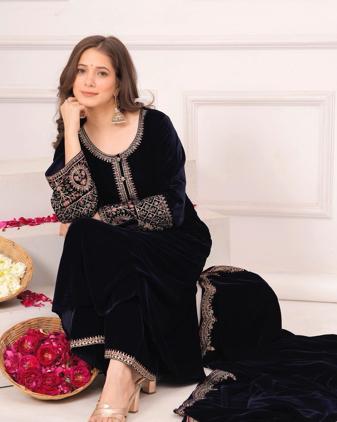 Outstanding Velvet Black Color Thread Work Salwar Suit