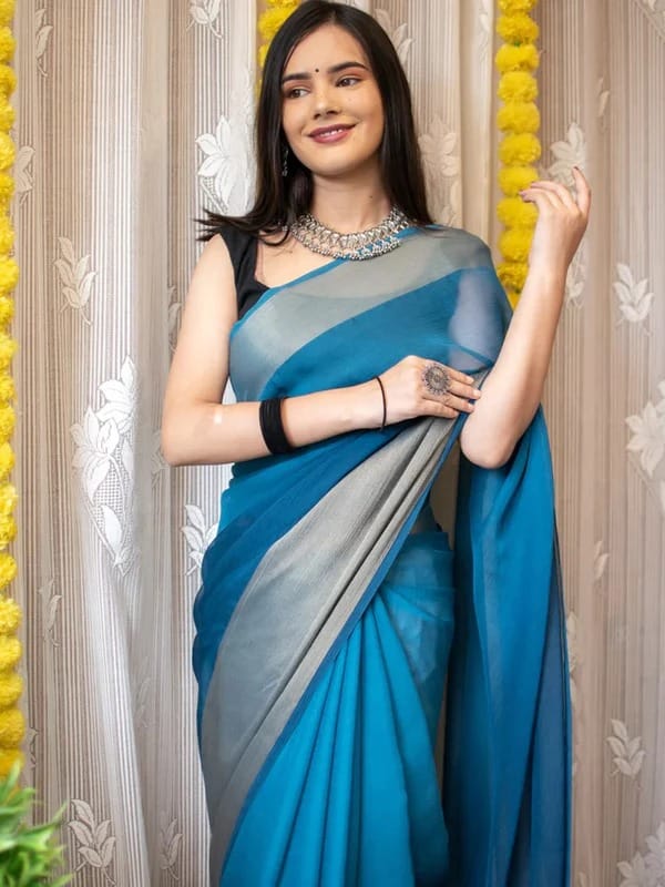 Gorgeous Border Sky Blue Color Ready To Wear Saree