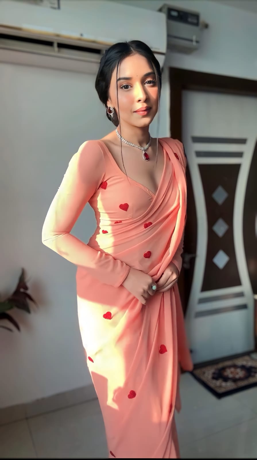 Heart Design Ready To Wear Peach Color Saree