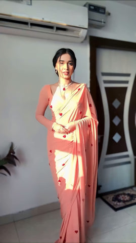 Heart Design Ready To Wear Peach Color Saree