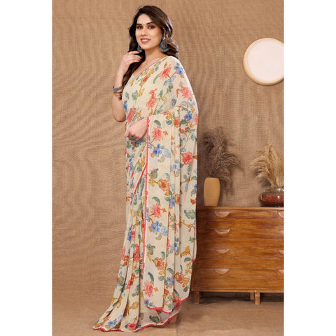 Off White Color Multi Printed Ready To Wear Saree