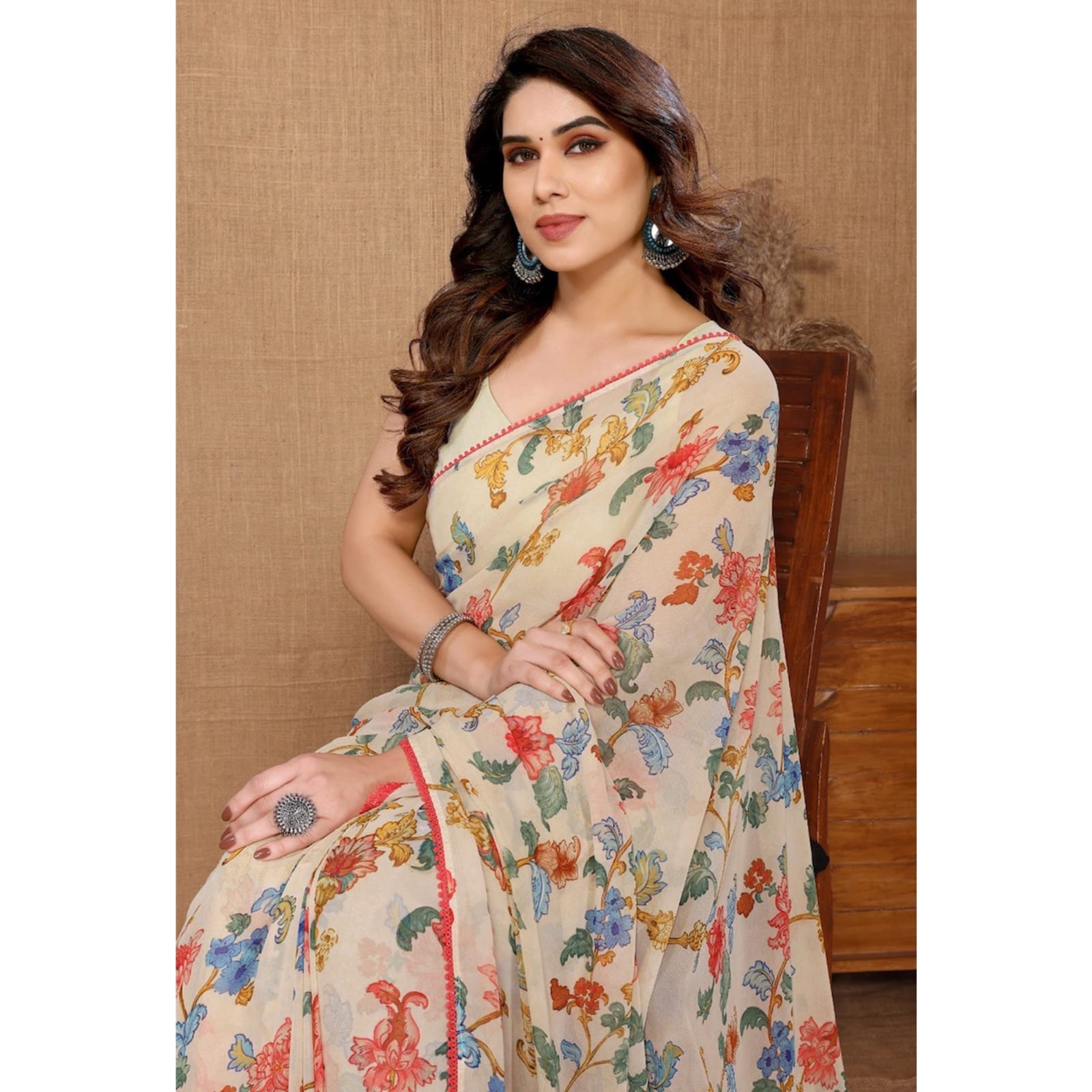 Off White Color Multi Printed Ready To Wear Saree