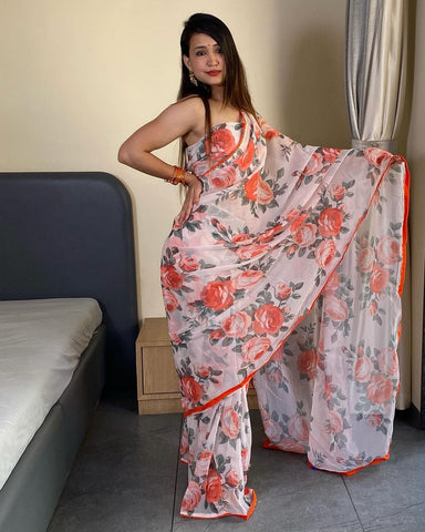 Casual Wear Orange Flower Print White Ready To Wear Saree