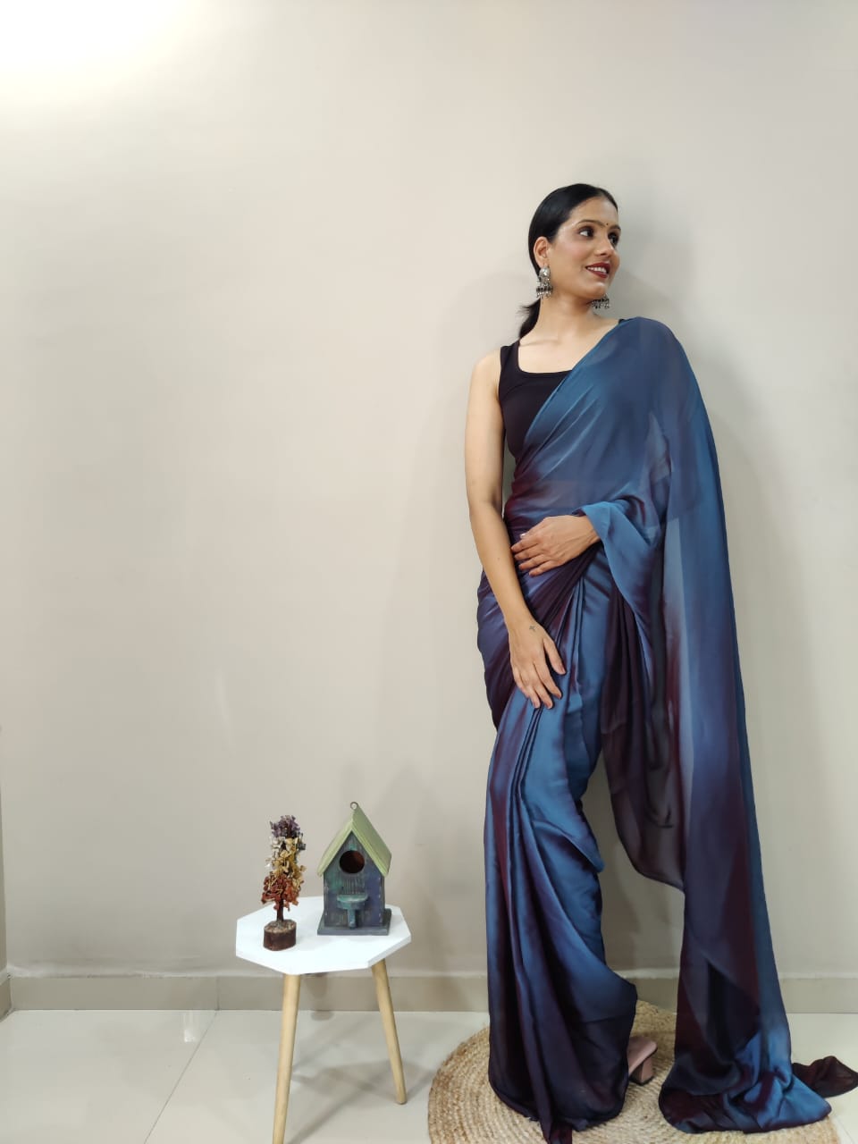 Stylish Navy Blue Color Shade Ready To Wear Saree