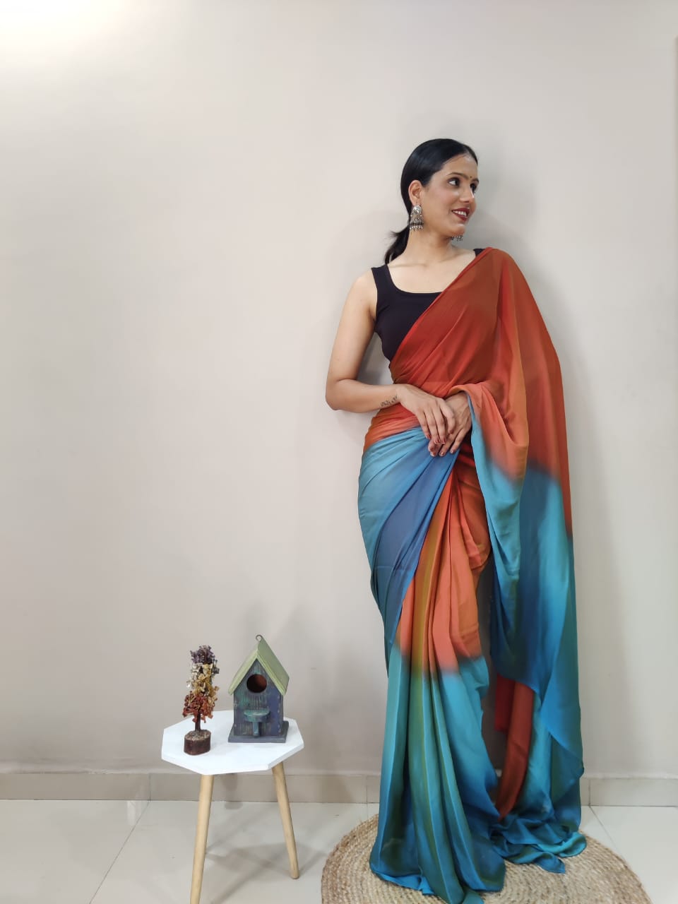 Stylish Orange With Sky Color Shade Ready To Wear Saree