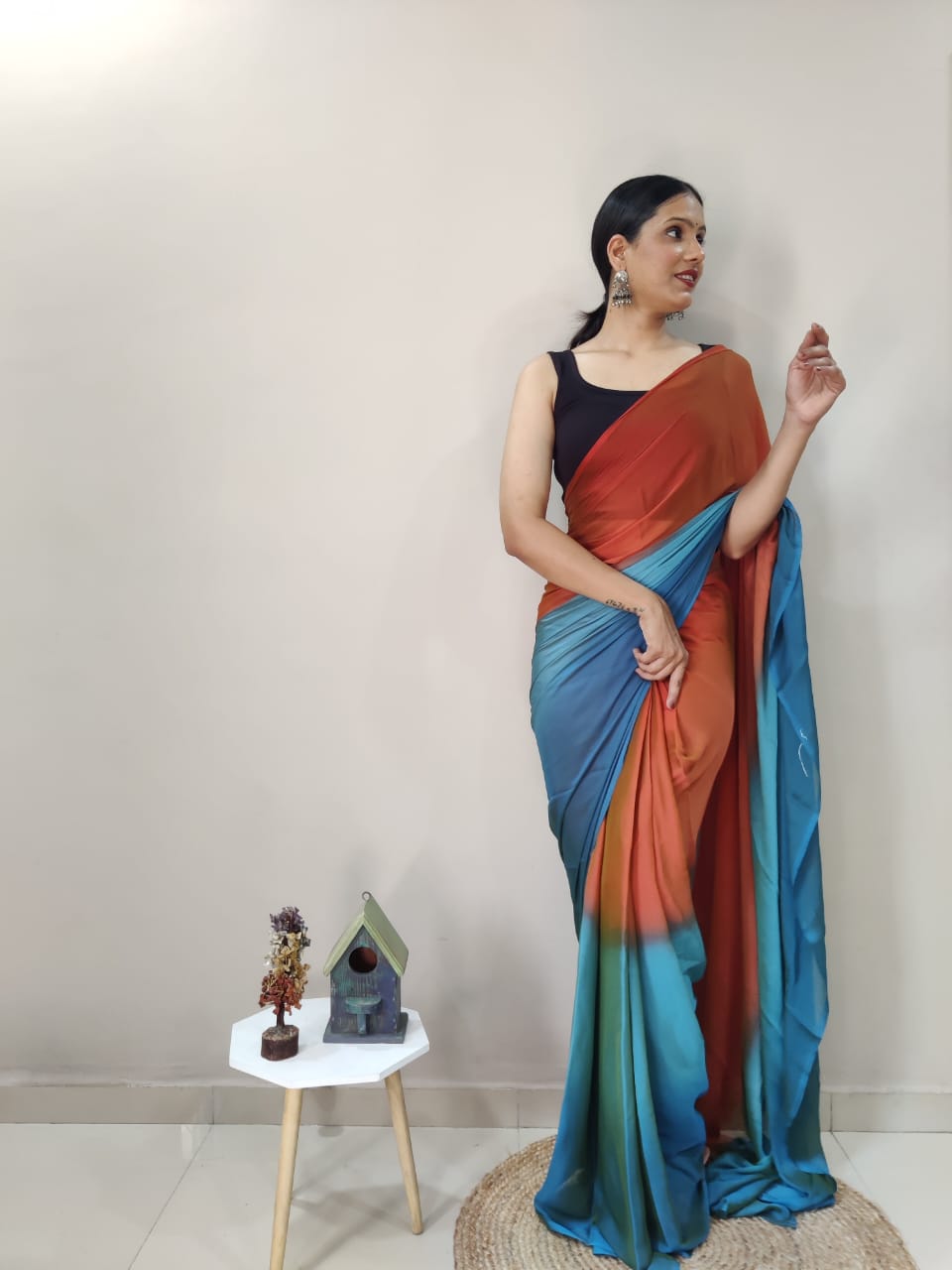 Stylish Orange With Sky Color Shade Ready To Wear Saree