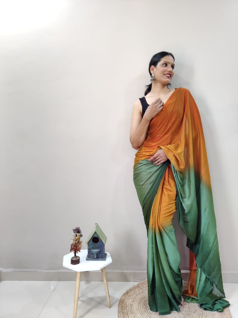 Stylish Mustard With Green Shade Ready To Wear Saree