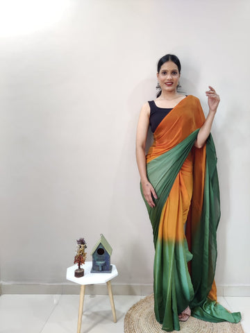 Stylish Mustard With Green Shade Ready To Wear Saree