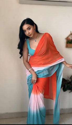 Exclusive Ready To Wear Orange With Sky Saree