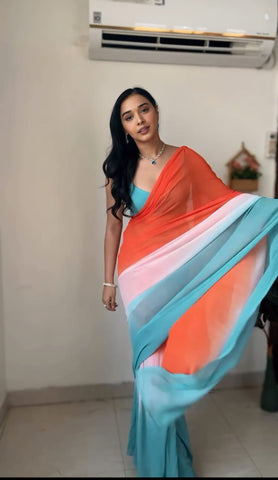 Exclusive Ready To Wear Orange With Sky Saree