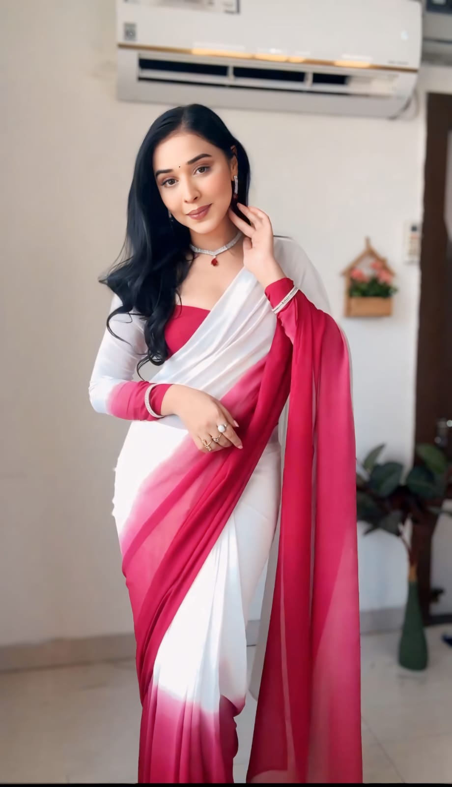 Elegant Ready To Wear White With Maroon Saree