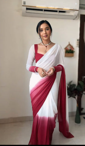 Elegant Ready To Wear White With Maroon Saree