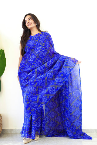 Superhit Blue Color Georgette With Bandhej Print Saree Gown