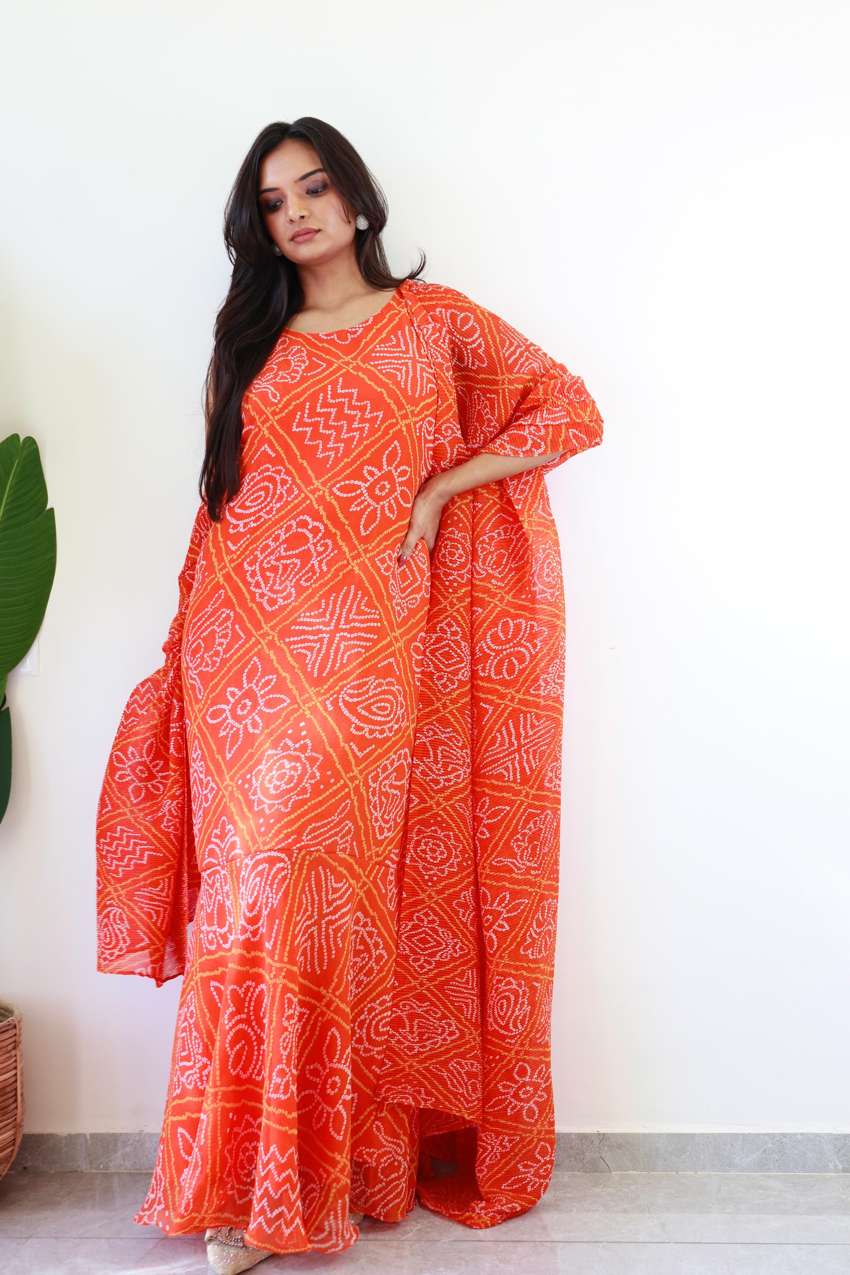 Superhit Orange Color Georgette With Bandhej Print Saree Gown