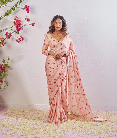 Peach Color Pure Soft Japan Satin Silk With Beautiful Floral Printed Saree With khatli Work Blouse