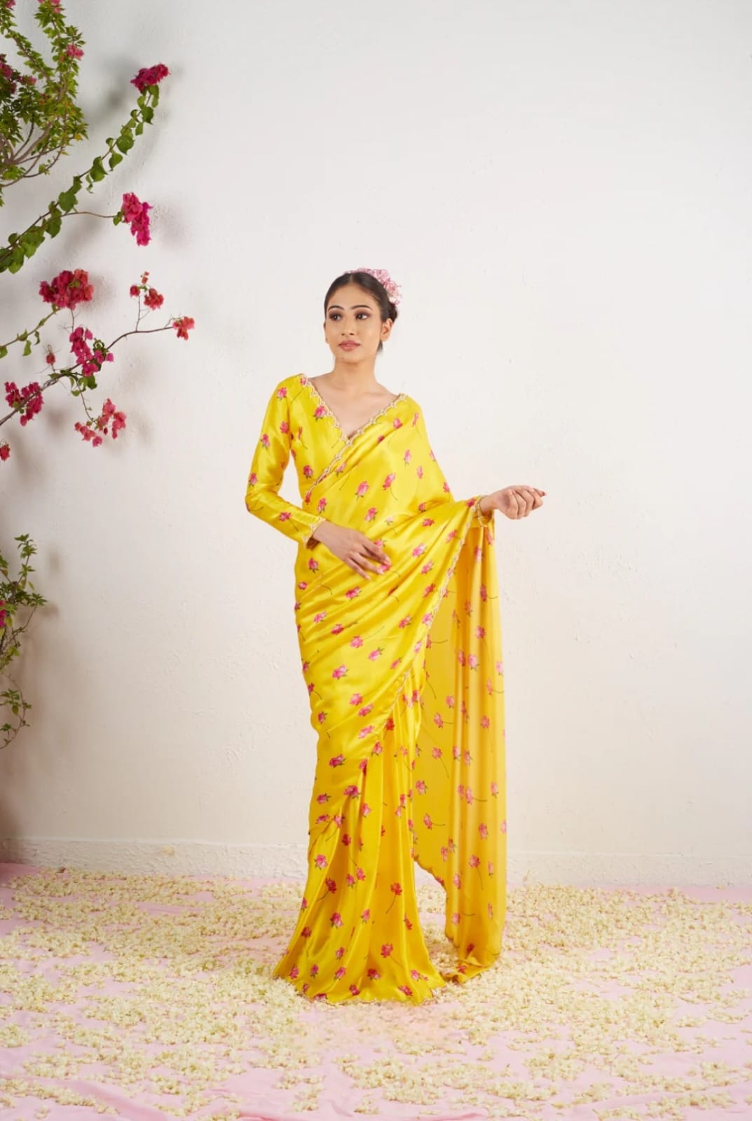 Daisy Yellow Color Pure Soft Japan Satin Silk With Beautiful Floral Printed Saree With khatli Work Blouse