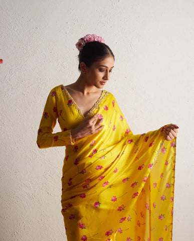 Daisy Yellow Color Pure Soft Japan Satin Silk With Beautiful Floral Printed Saree With khatli Work Blouse