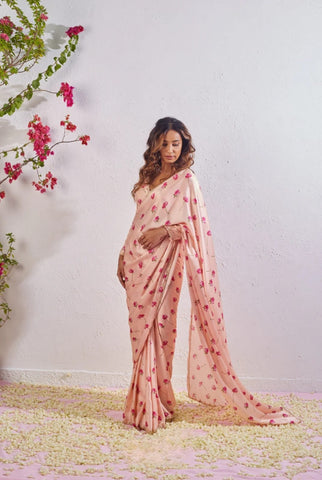 Peach Color Pure Soft Japan Satin Silk With Beautiful Floral Printed Saree With khatli Work Blouse